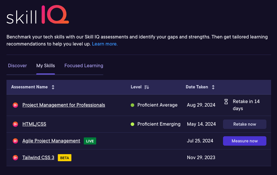 Discover tab on the Skill IQ home page
