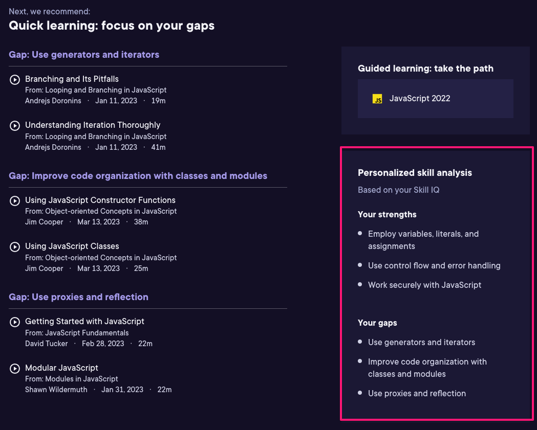 Personalized skills analysis in Skill IQ recommendations