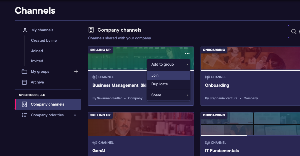 Channels page with join menu opened