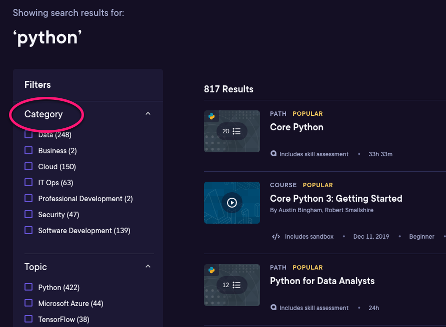 Category filter within search results