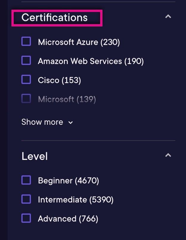 Certifications filter in search results