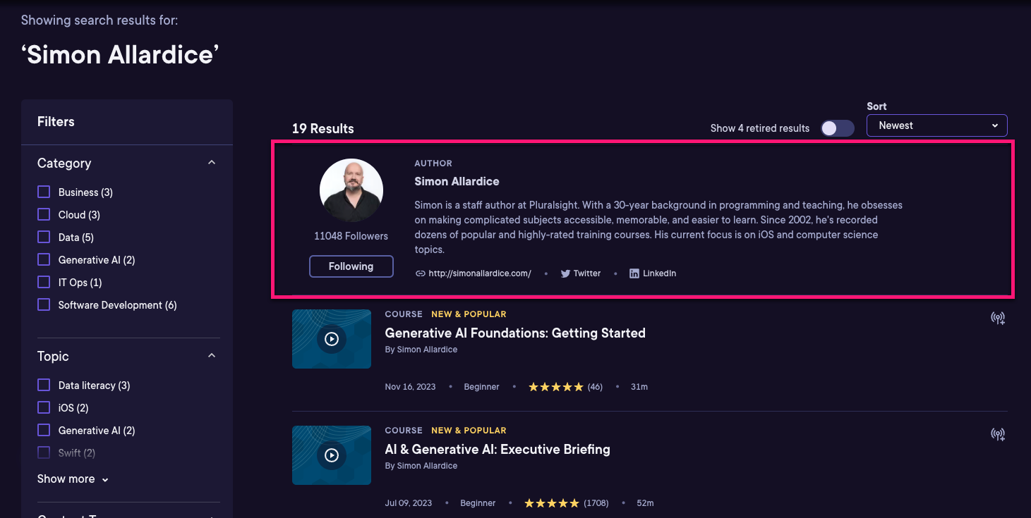 Author card in search results