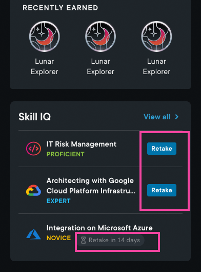 Skill IQ widget on home page