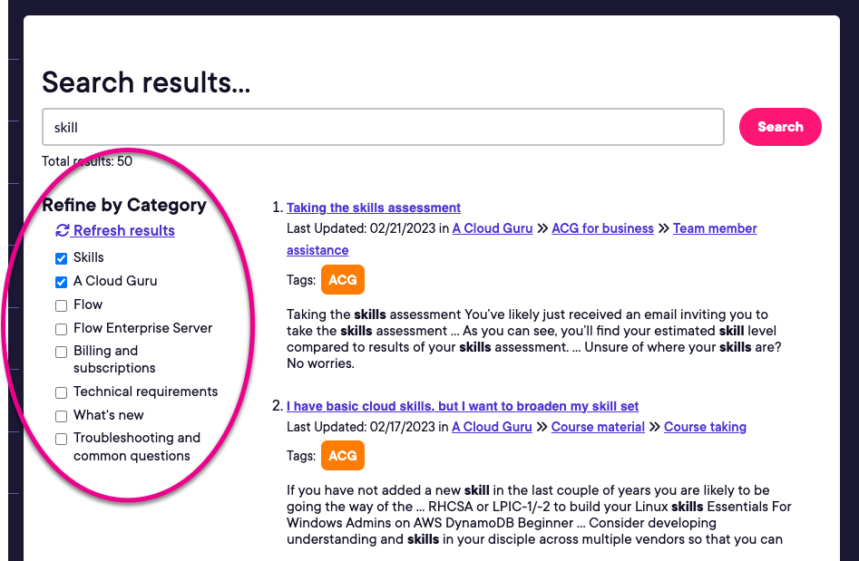 Refining Help Center search results by product