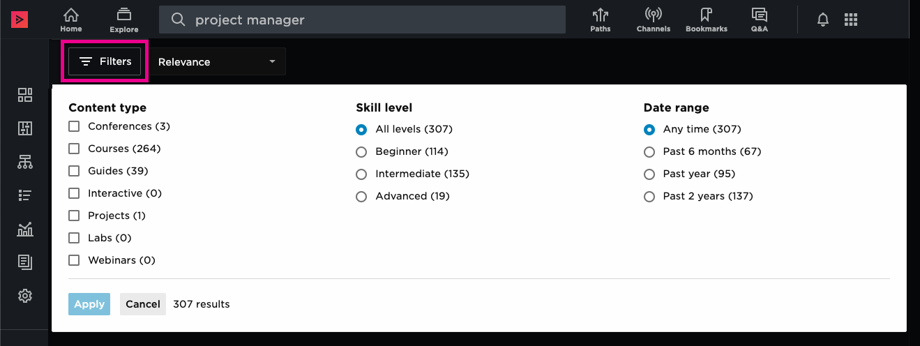 Filtering by content type skill level and date range