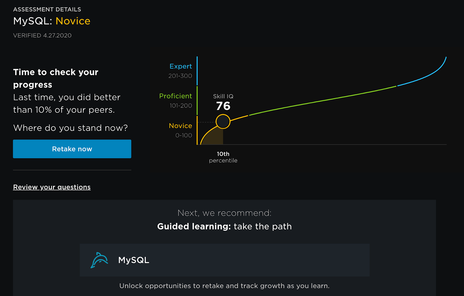 Novice results page in Skill IQ