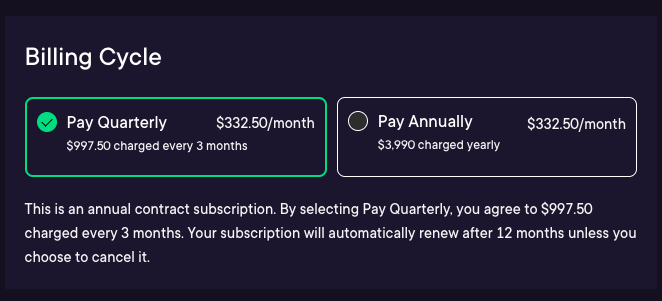 quarterly billing cycle selected at checkout
