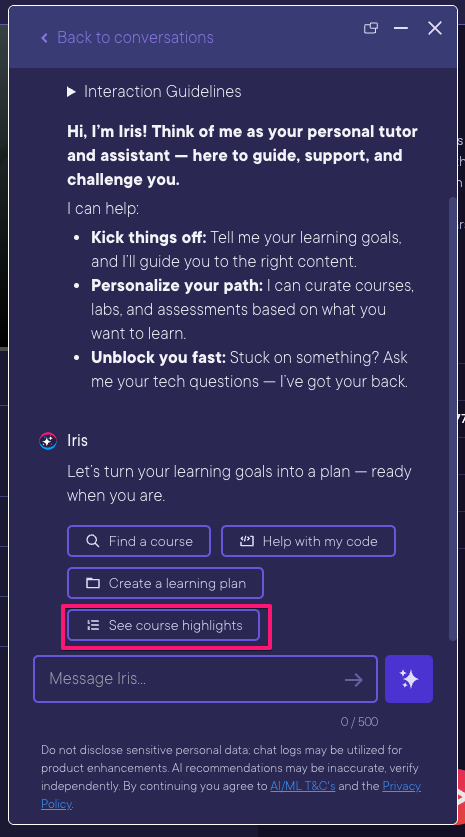 Iris course highlights menu