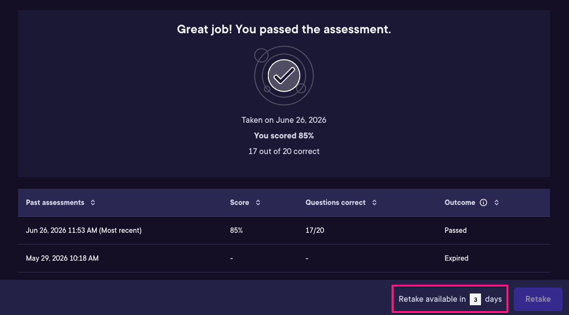 Retake window countdown on skill assessment past results page.png