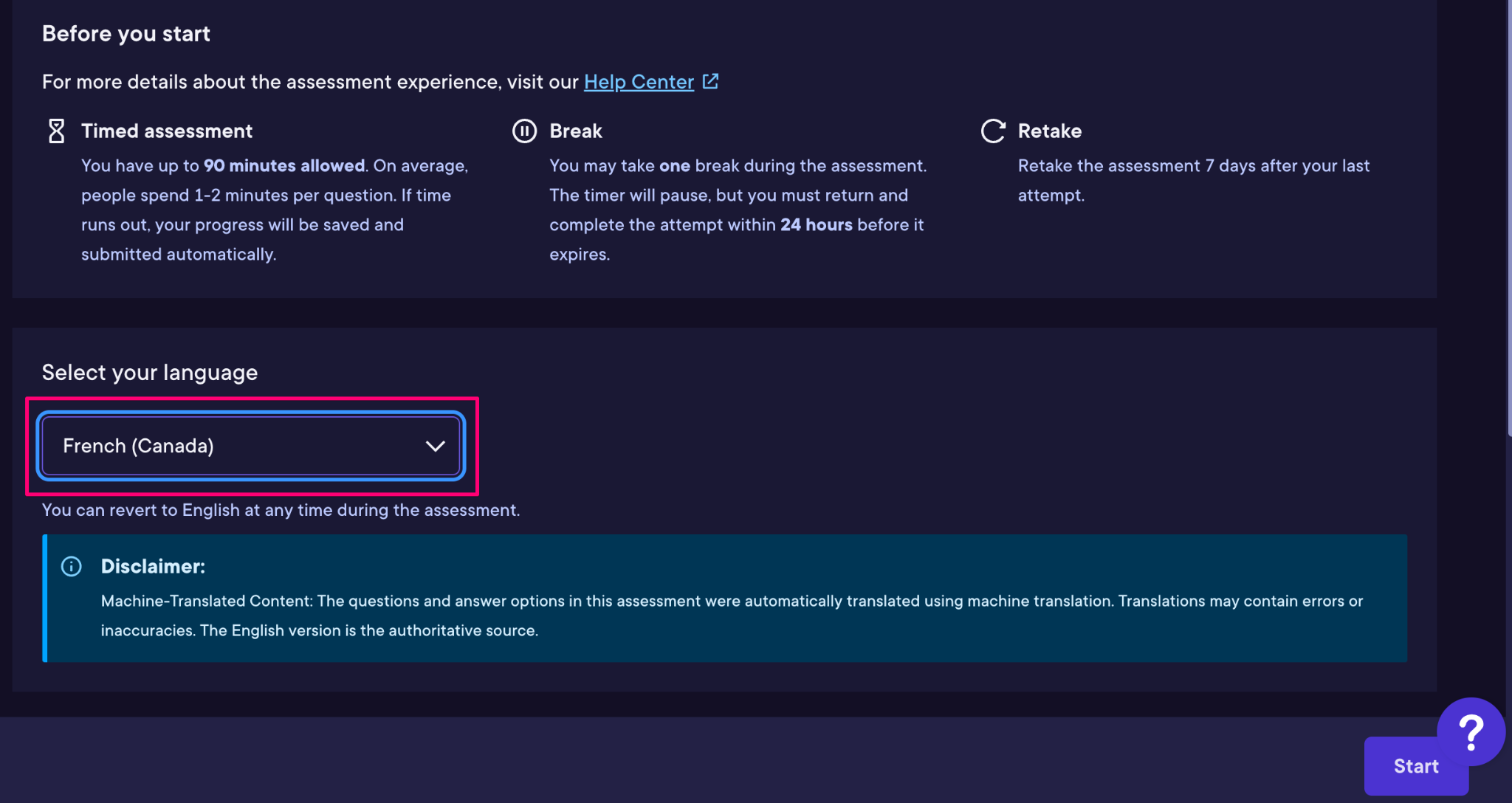 Select language menu in assessment detail page